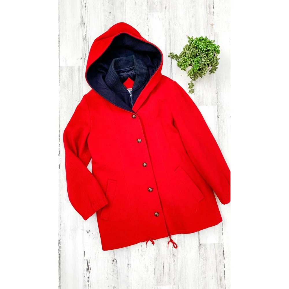 Vintage 80’s All Outdoors Mackintosh Red & Navy Double Lined Coat - Picture 4 of 11